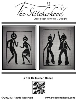 Funny Halloween cross stitch pattern showing pumpkin people dancing.