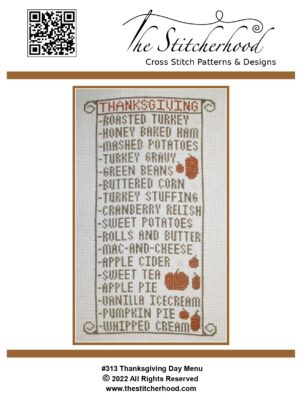 Thanksgiving Day Menu, a holiday cross stitch pattern with pumpkins.