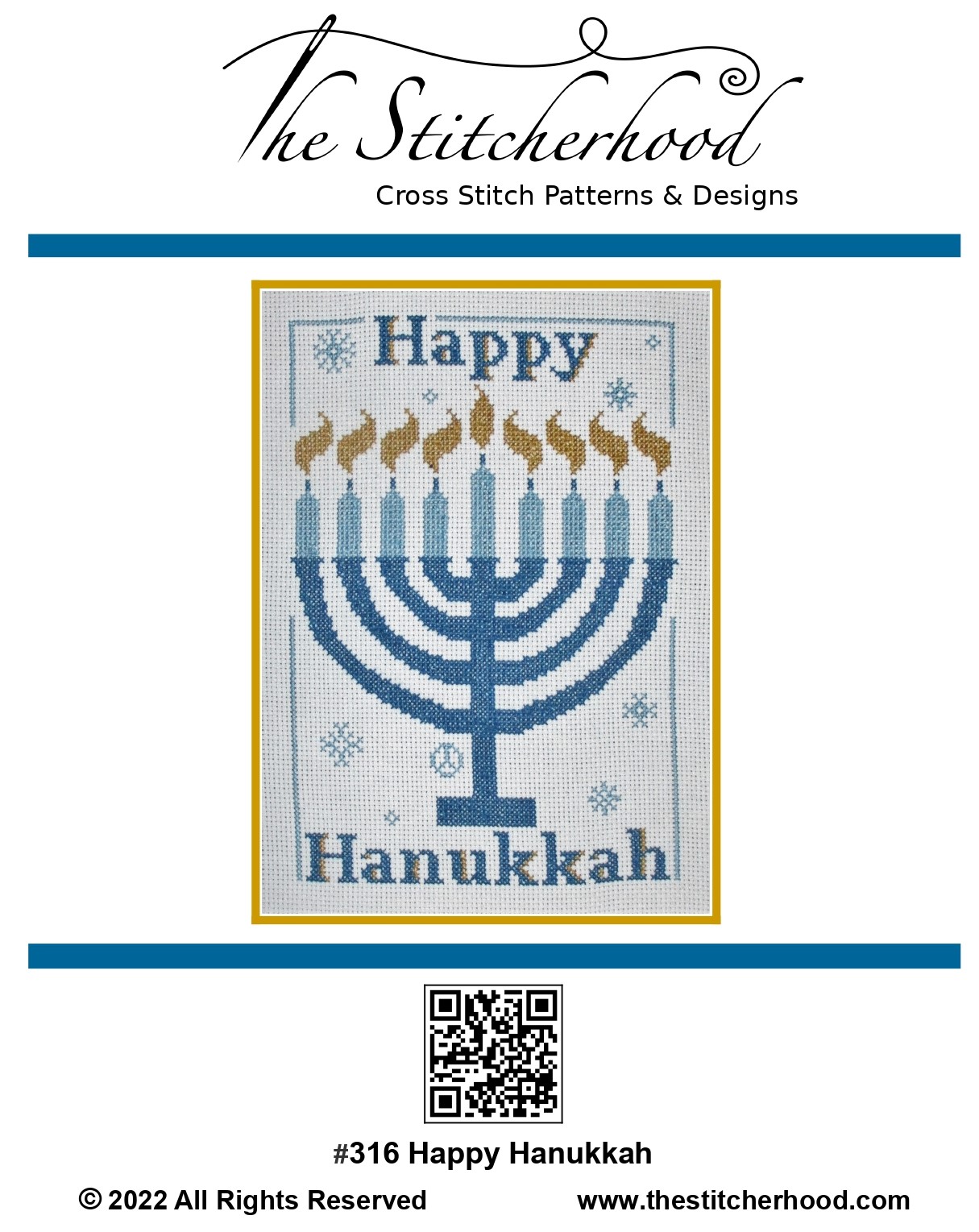 Happy Hanukkah cross stitch pattern with a Menorah.