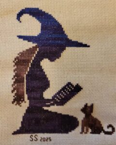 finished cat tales Wicca witch cross stitch