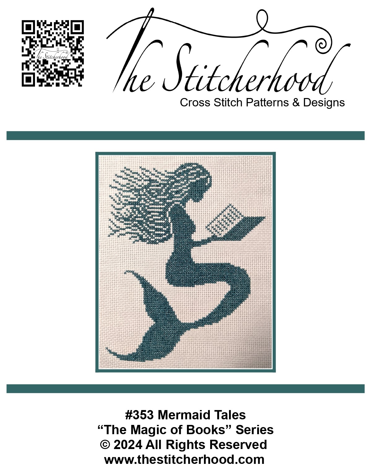 cross stitch mermaid reading a book