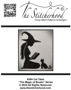 Cat tales witch reading to a cat cross stitch