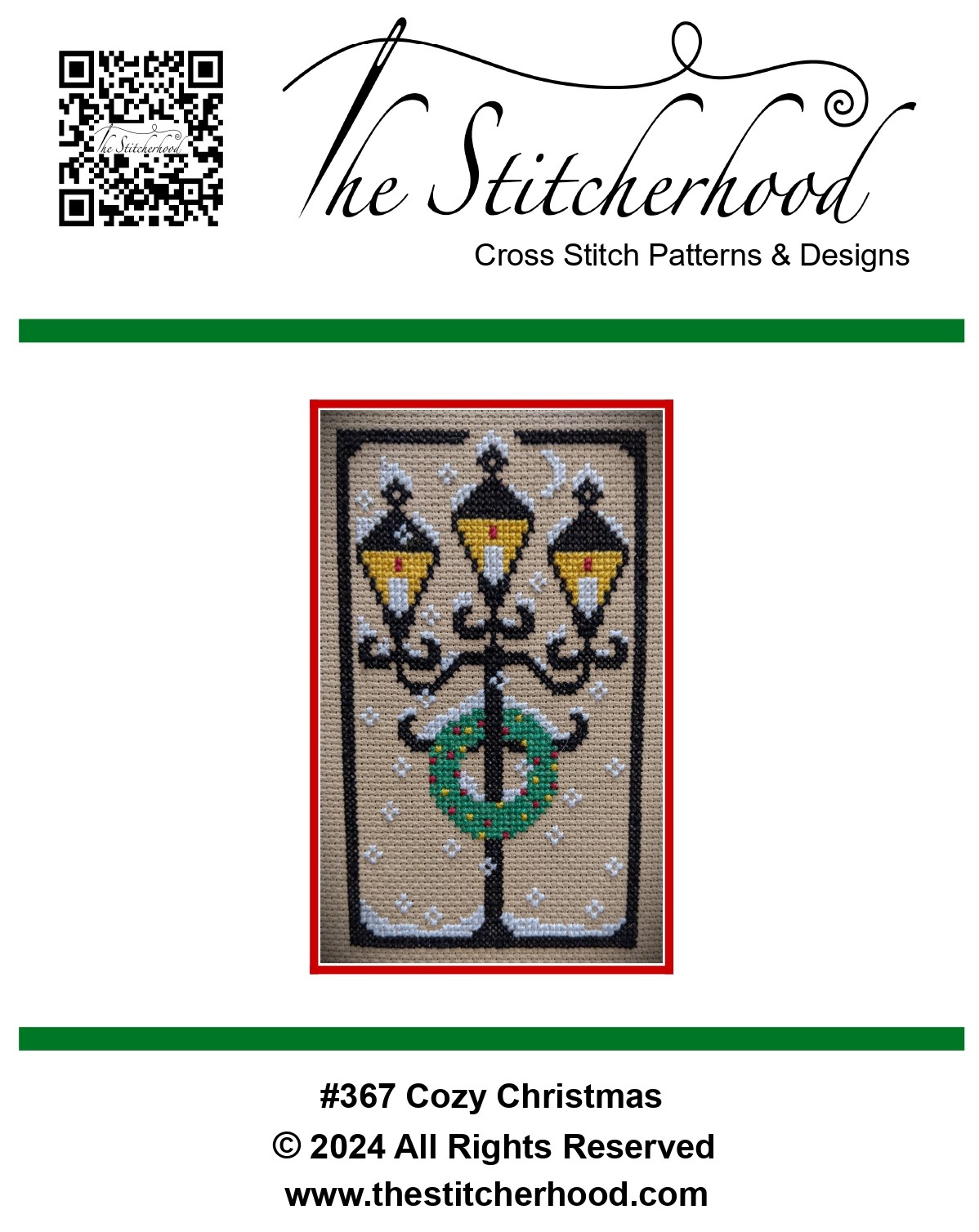 Christmas cross stitch lamppost with wreath