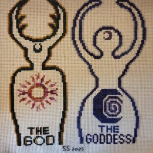 finished god and goddess wicca cross stitch